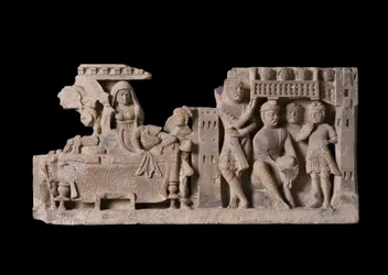 Reliefpanel, der viser drømmen om dronning Maya, Gandhara-regionen (skifer)